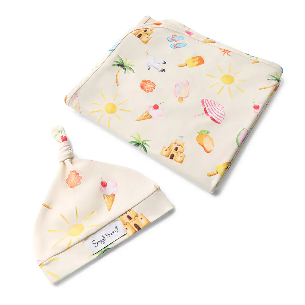 Snuggle Hunny Kids Linen Sheets Beach Fun Organic Jersey Wrap & Beanie Set