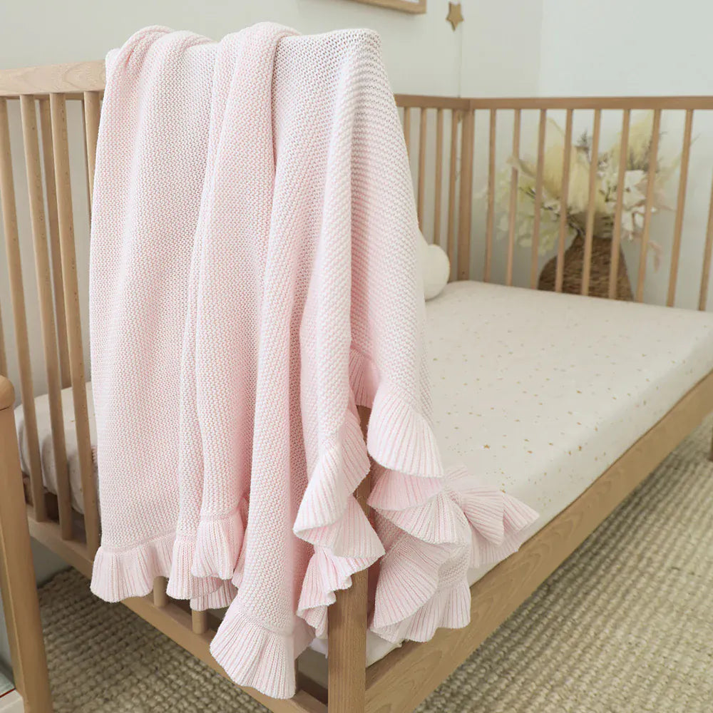 Snuggle Hunny Kids Linen Sheets Blush Pink Ruffle Knit Organic Baby Blanket
