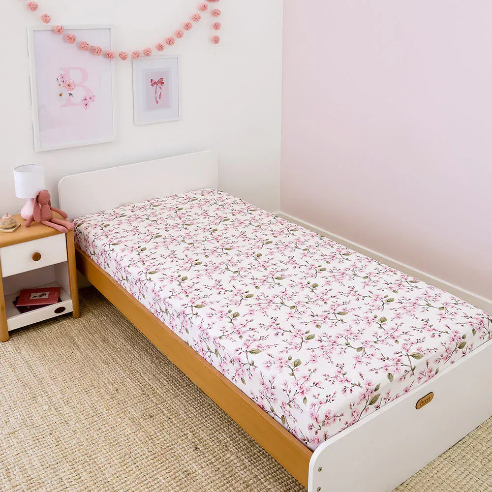 Snuggle Hunny Kids Linen Sheets Cherry Blossom Organic Cotton Fitted Sheet - Single Bed