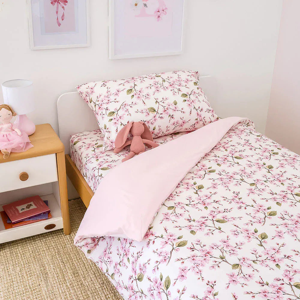 Snuggle Hunny Kids Linen Sheets Cherry Blossom Organic Cotton Quilt Cover - Single Bed