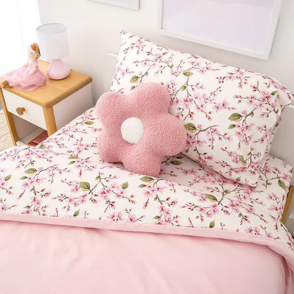 Snuggle Hunny Kids Linen Sheets Cherry Blossom Organic Cotton Quilt Cover - Single Bed
