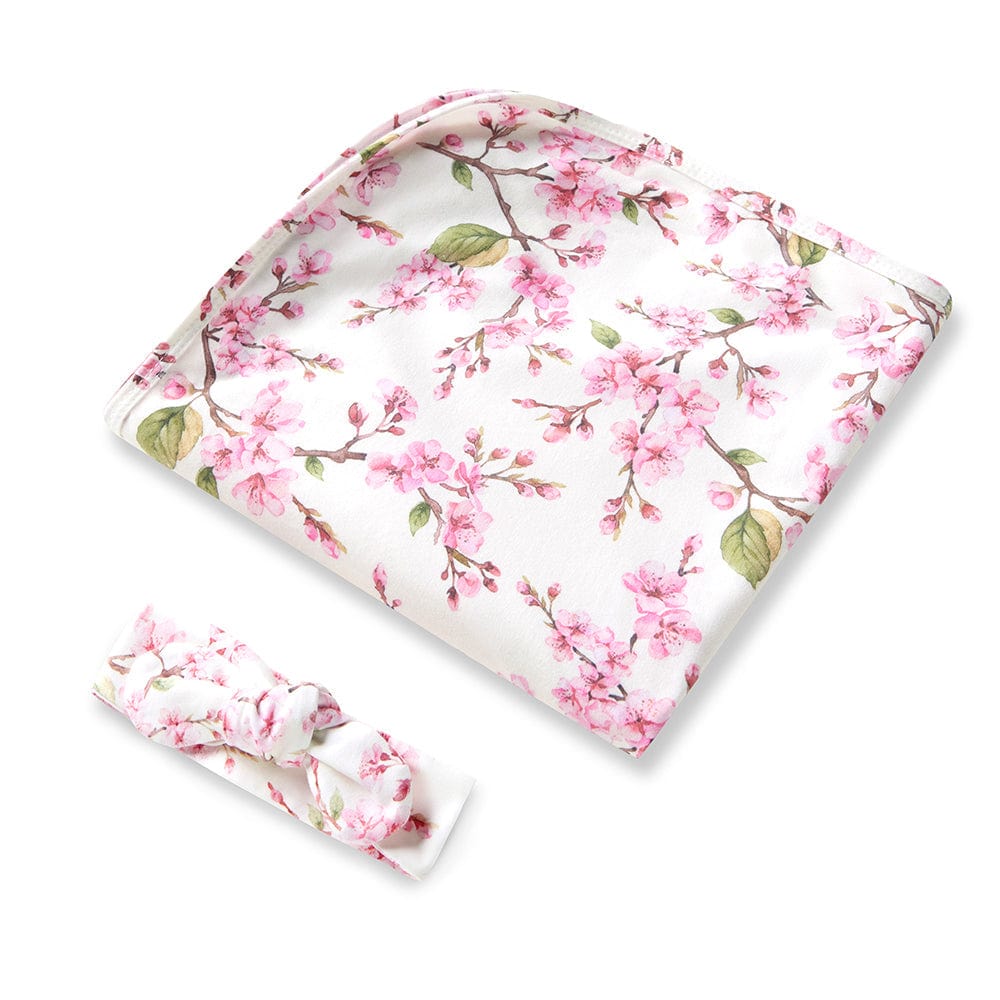 Snuggle Hunny Kids Linen Sheets Cherry Blossom Organic Jersey Wrap & Topknot Set