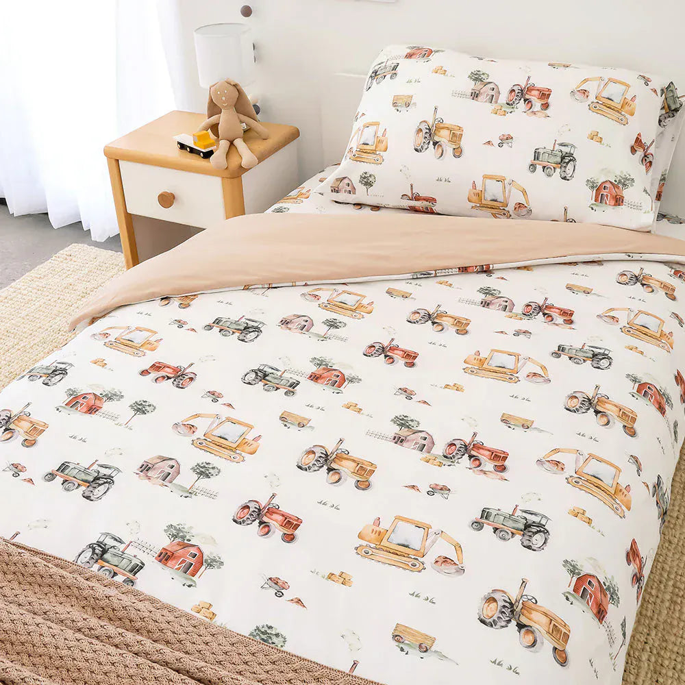 Snuggle Hunny Kids Linen Sheets Diggers & Tractors Organic Cotton Quilt Cover - Single Bed