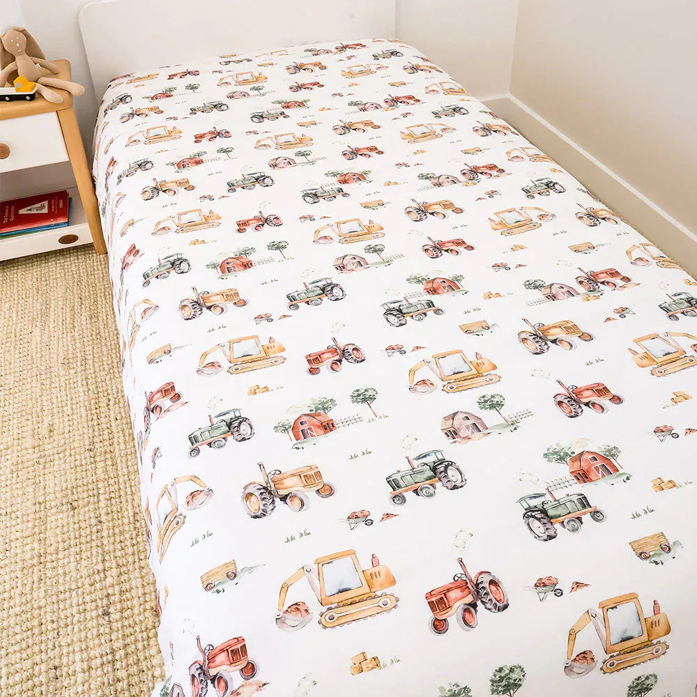Snuggle Hunny Kids Linen Sheets Diggers & Tractors Organic Cotton Quilt Cover - Single Bed