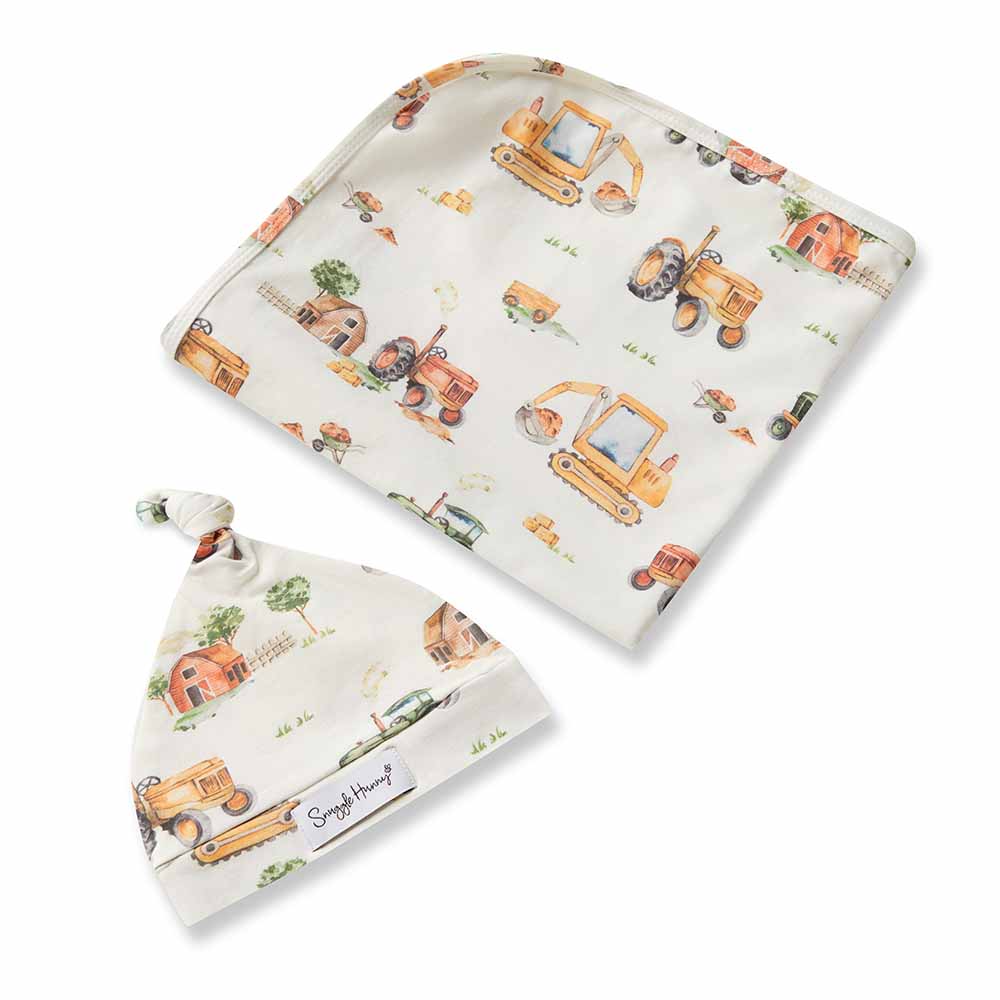 Snuggle Hunny Kids Linen Sheets Diggers & Tractors Organic Jersey Wrap & Beanie Set