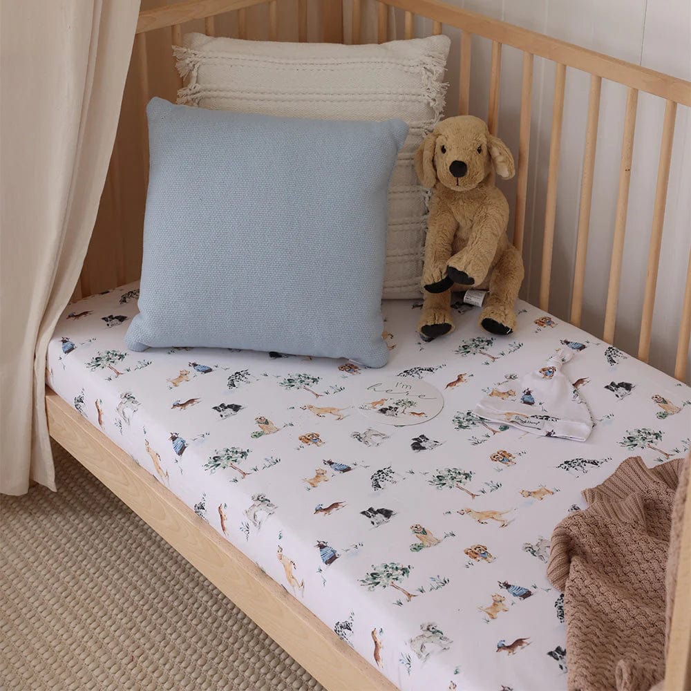 Snuggle Hunny Kids Linen Sheets Dog Park Organic Fitted Cot Sheet