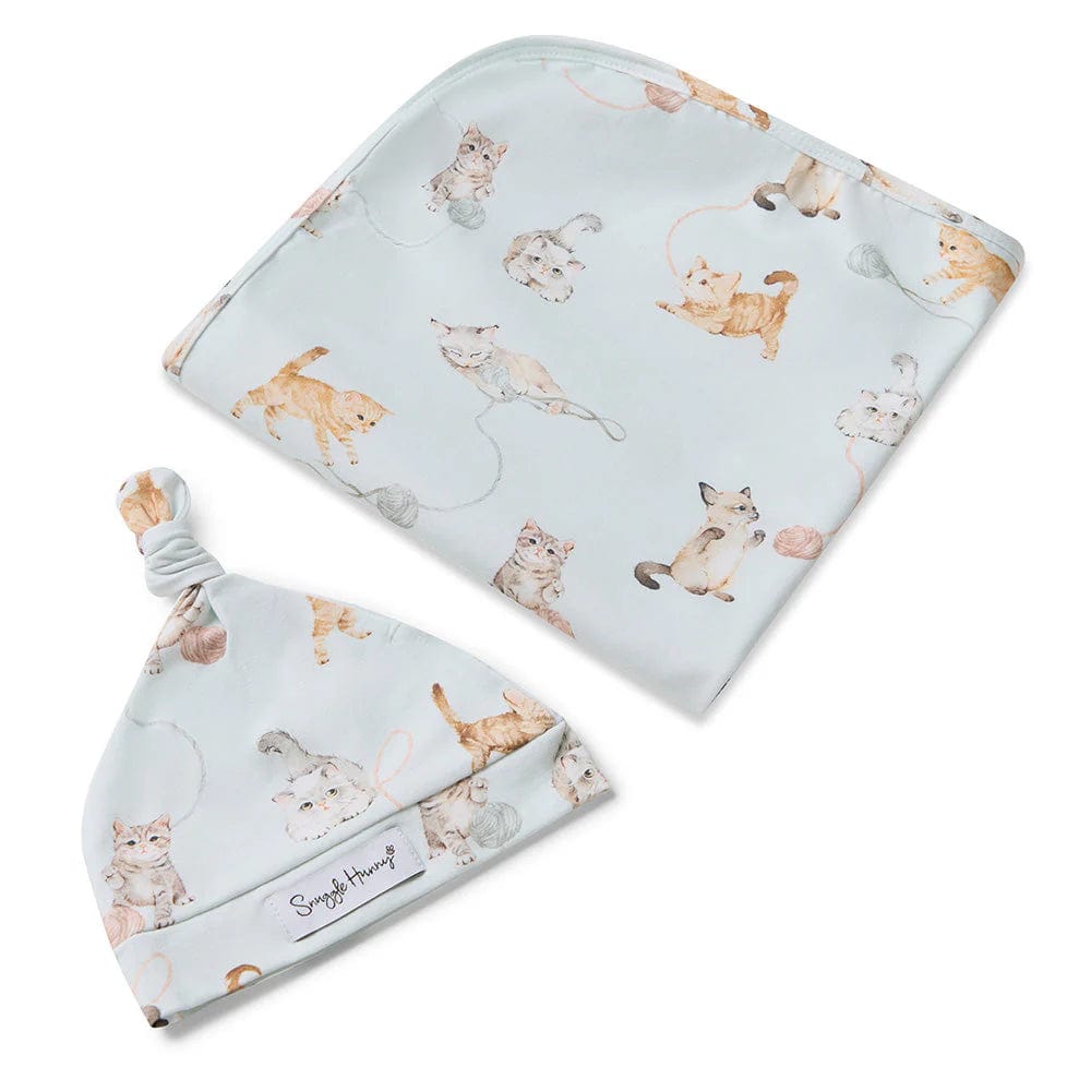 Snuggle Hunny Kids Linen Sheets Kittens Organic Jersey Wrap & Beanie Set