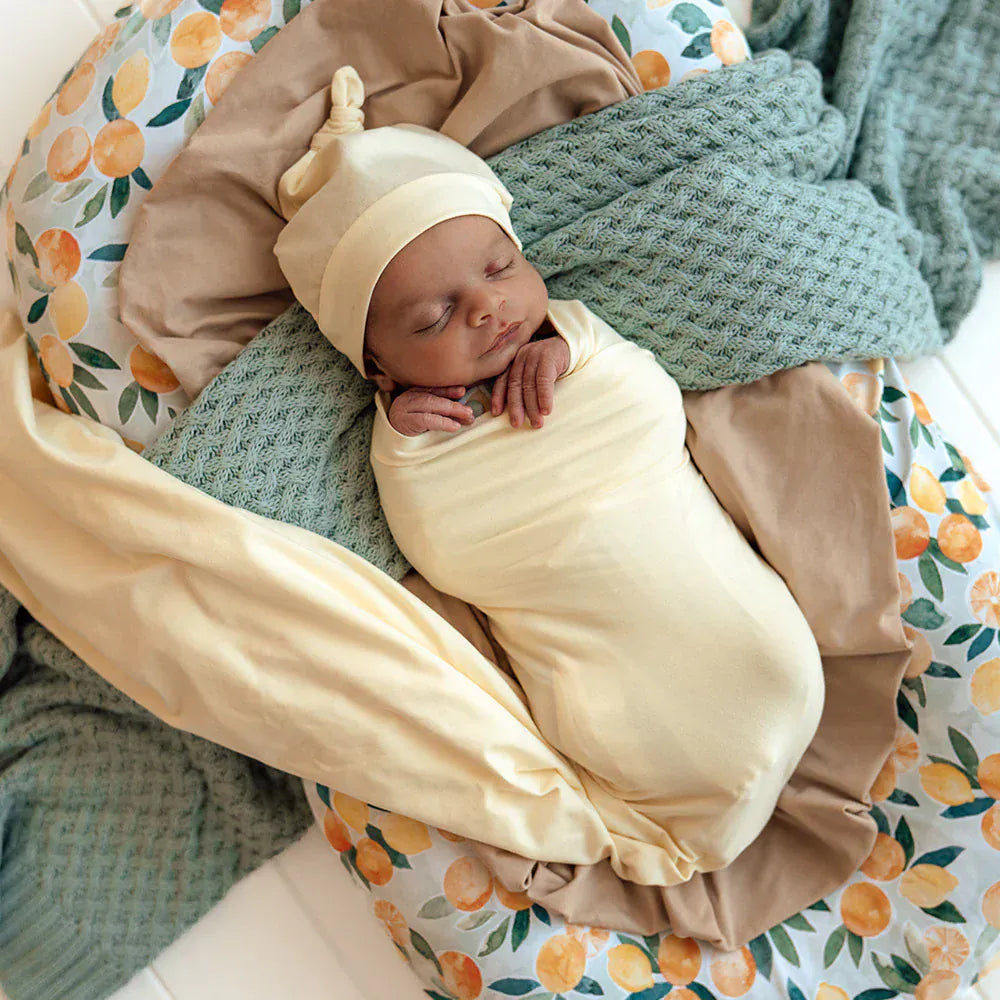 Snuggle Hunny Kids Linen Sheets Lemon Sorbet Organic Jersey Wrap & Beanie Set