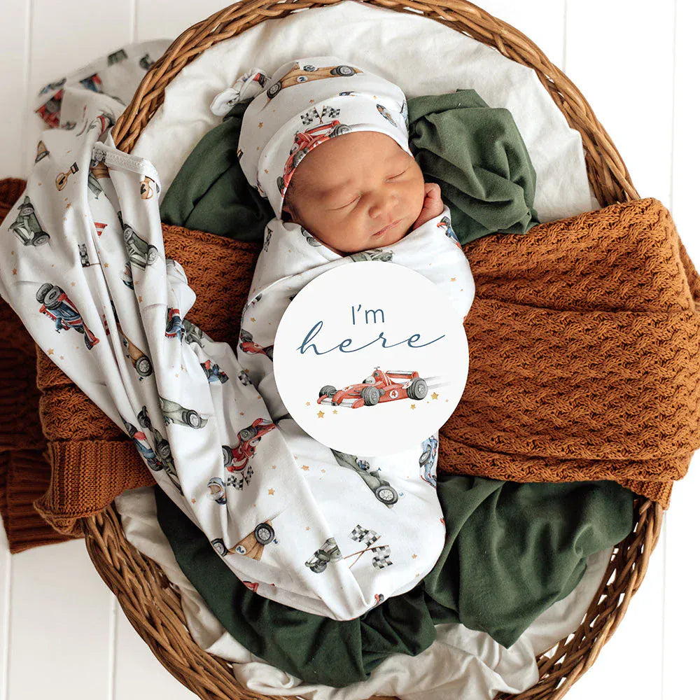 Snuggle Hunny Kids Linen Sheets Little Racers Organic Jersey Wrap & Beanie Set