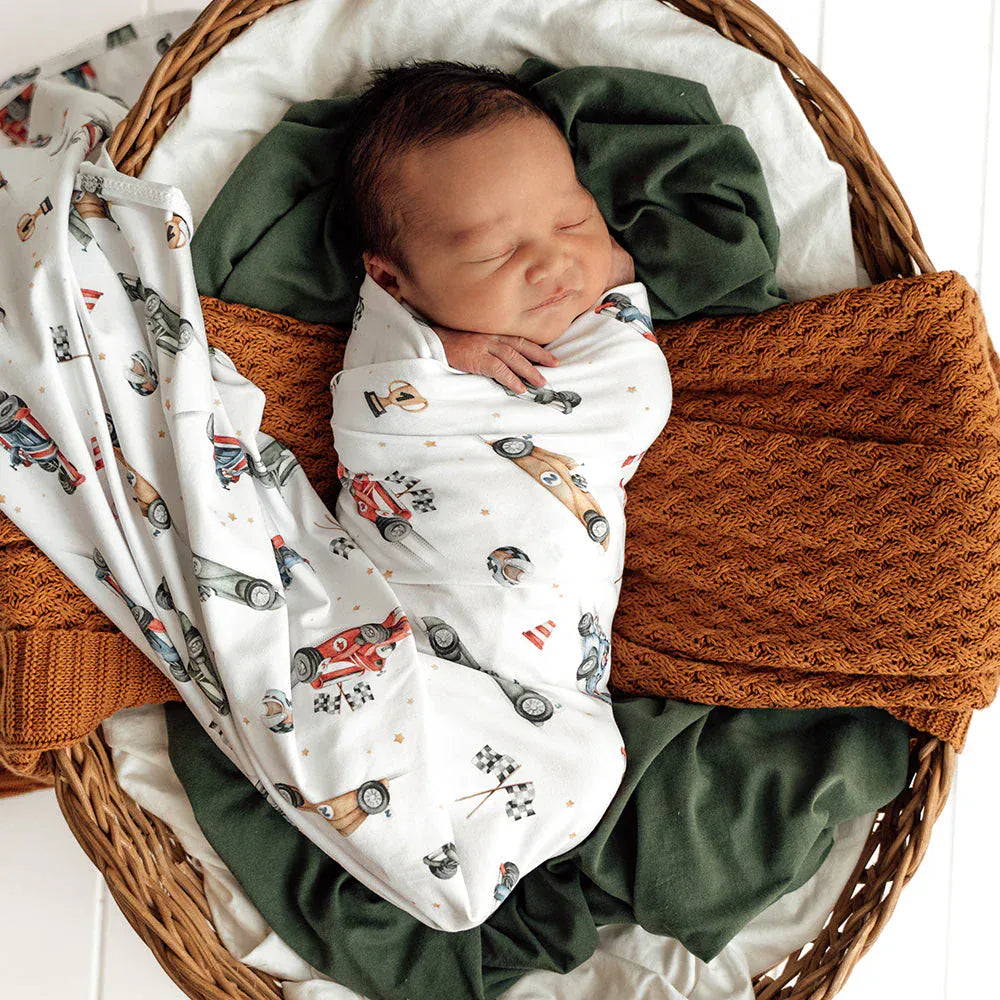 Snuggle Hunny Kids Linen Sheets Little Racers Organic Jersey Wrap & Beanie Set