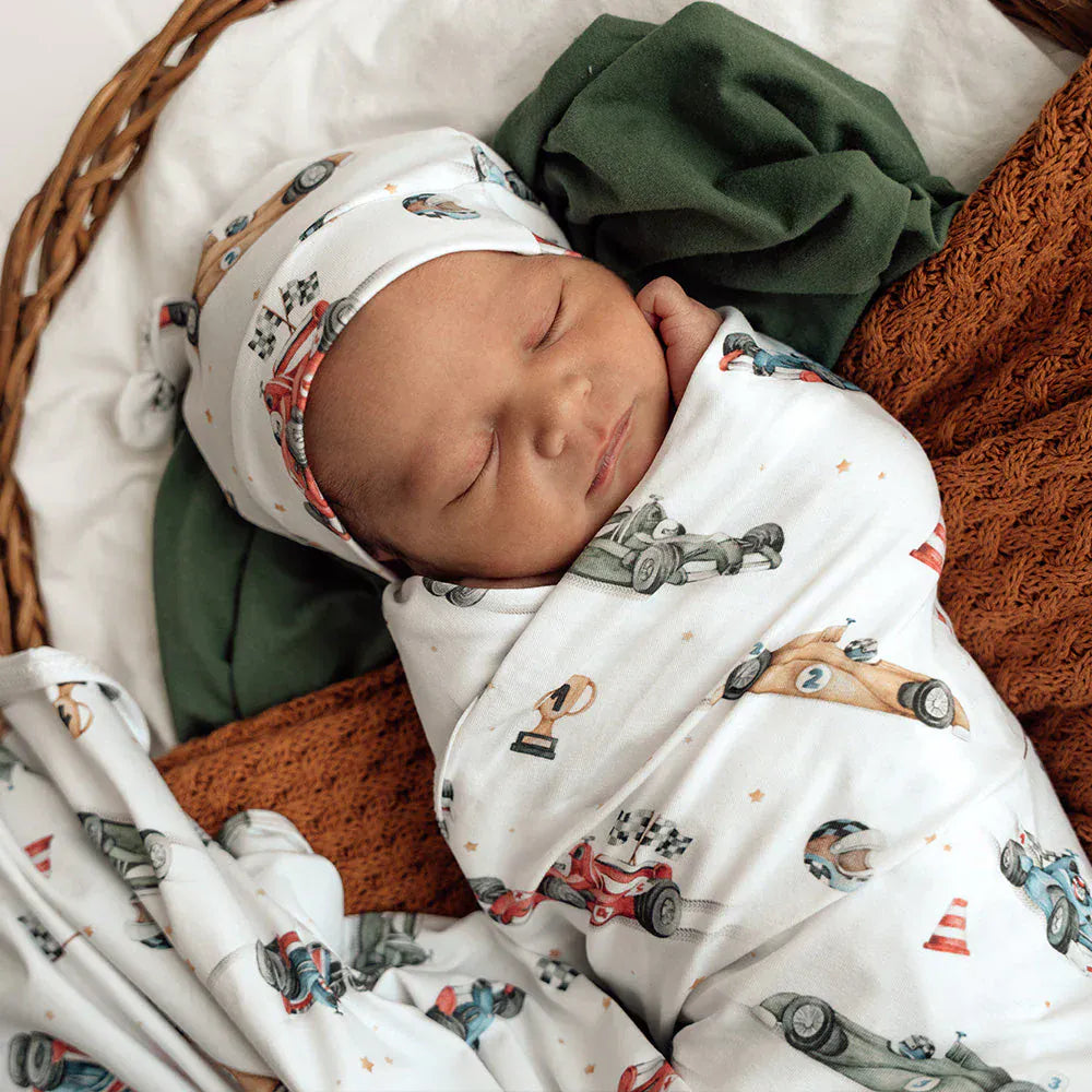 Snuggle Hunny Kids Linen Sheets Little Racers Organic Jersey Wrap & Beanie Set