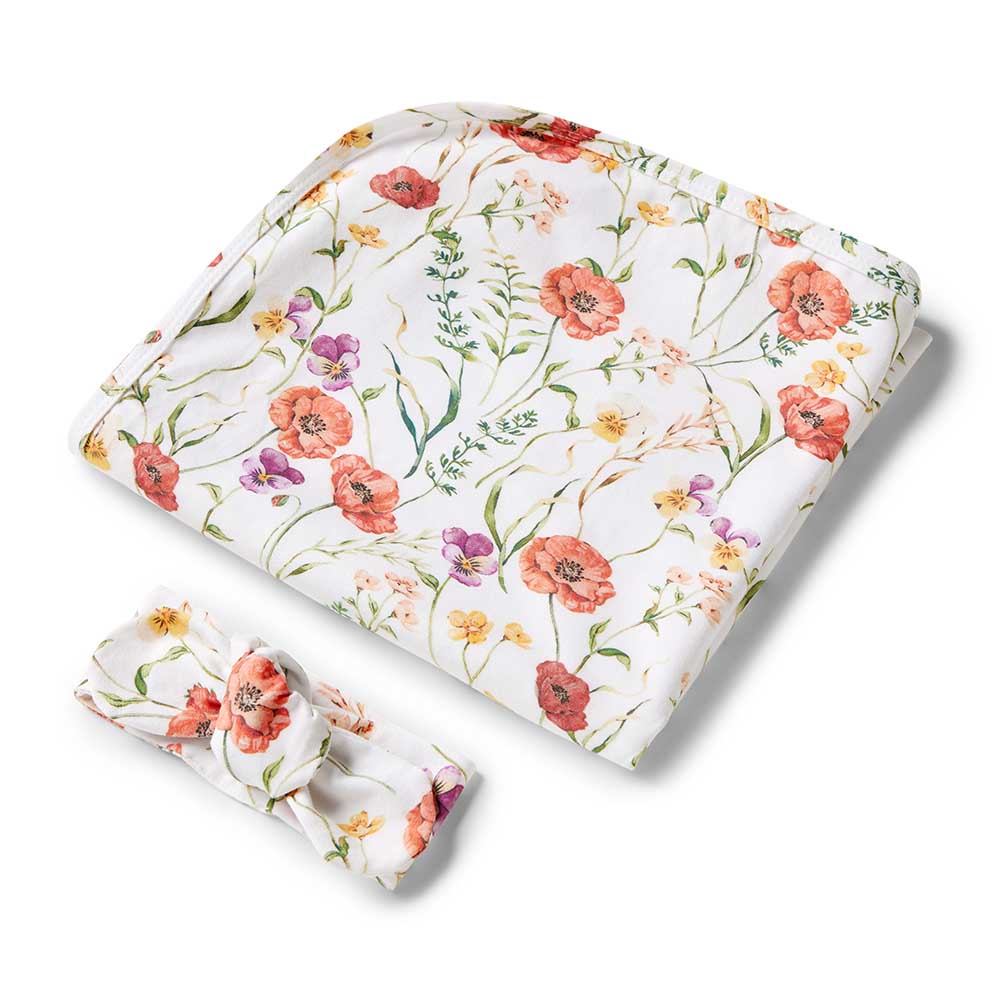 Snuggle Hunny Kids Linen Sheets Meadow Organic Jersey Wrap & Topknot Set