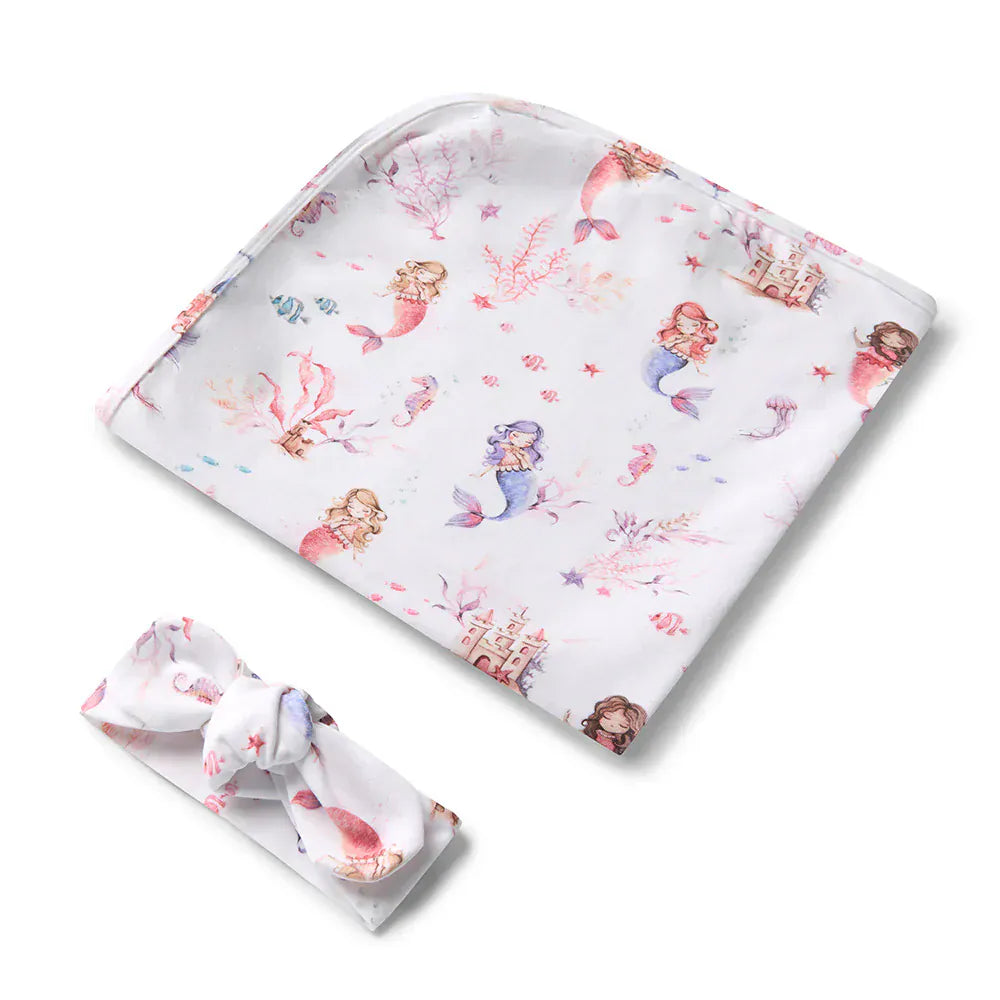 Snuggle Hunny Kids Linen Sheets Mermaid Organic Jersey Wrap & Topknot Set