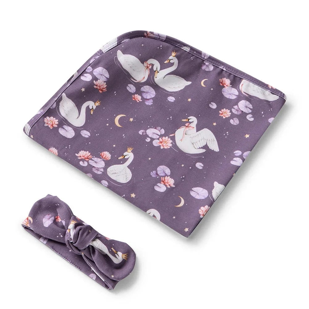 Snuggle Hunny Kids Linen Sheets Midnight Swan Organic Jersey Wrap & Topknot Set