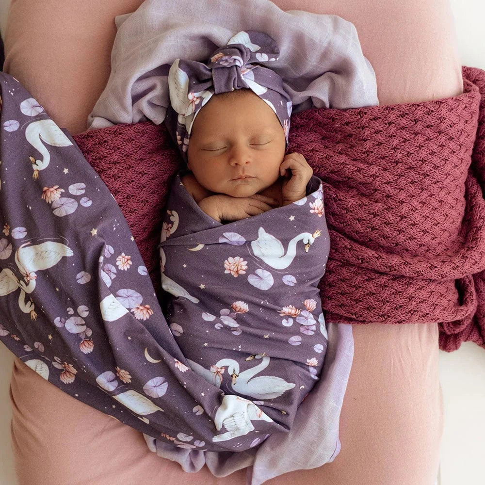 Snuggle Hunny Kids Linen Sheets Midnight Swan Organic Jersey Wrap & Topknot Set
