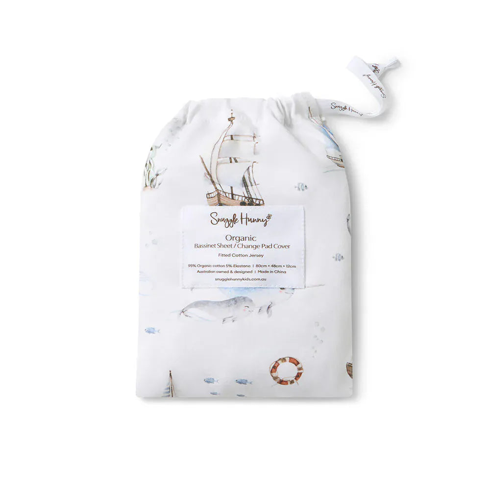 Set Sail organic linen bassinet sheet and change pad cover by Snuggle Hunny Kids, soft and breathable for baby comfort.