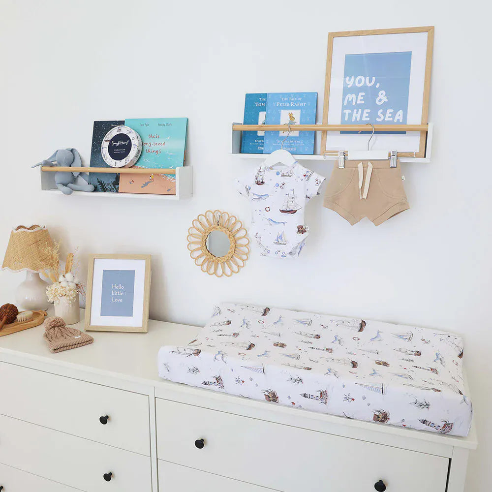 Set Sail organic linen bassinet sheet and change pad cover by Snuggle Hunny Kids, soft, breathable fabric for baby comfort.