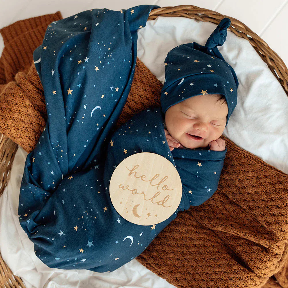 Snuggle Hunny Kids Linen Sheets Starry Night Organic Jersey Wrap & Beanie Set