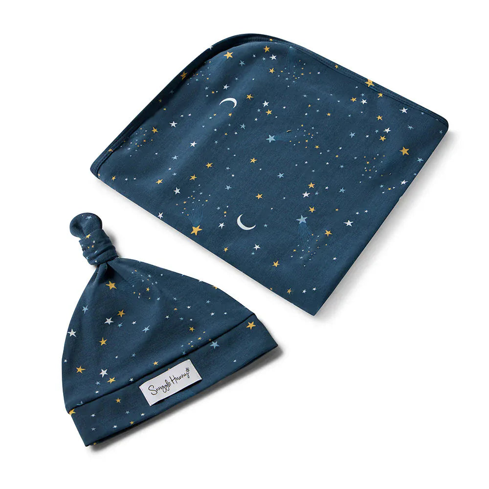 Snuggle Hunny Kids Linen Sheets Starry Night Organic Jersey Wrap & Beanie Set