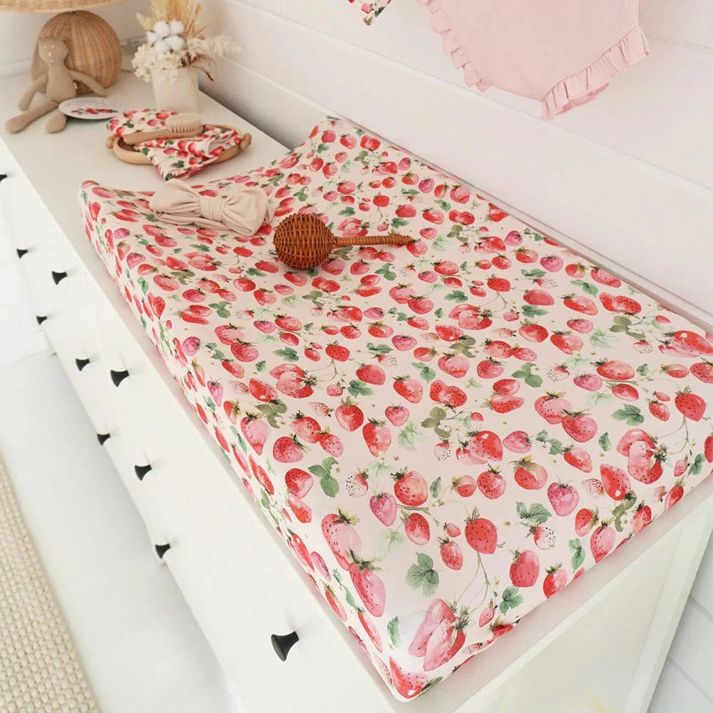 Snuggle Hunny Kids Linen Sheets Strawberry Organic Bassinet Sheet / Change Pad Cover