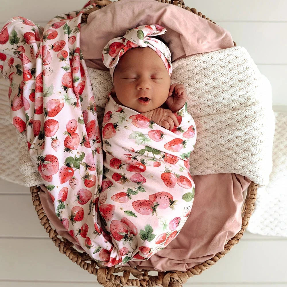 Snuggle Hunny Kids Linen Sheets Strawberry Organic Jersey Wrap & Topknot Set