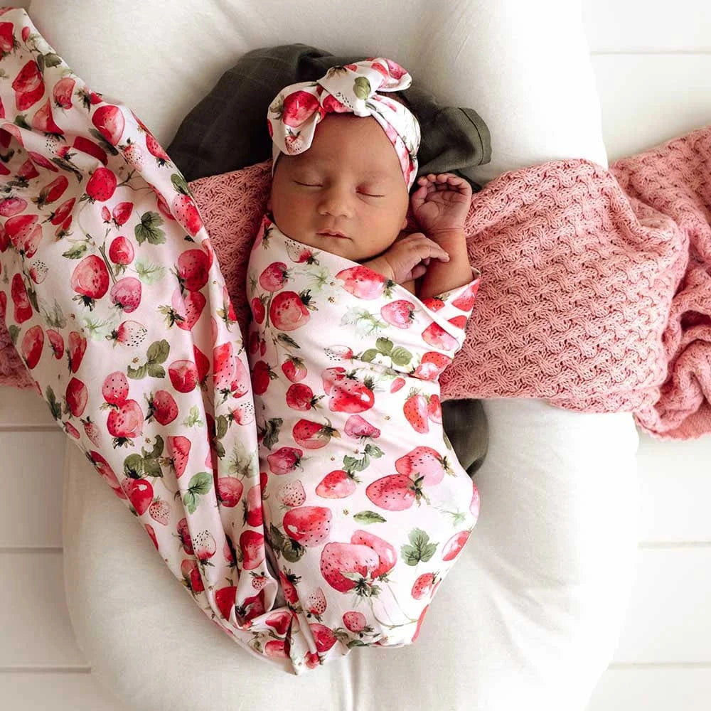 Snuggle Hunny Kids Linen Sheets Strawberry Organic Jersey Wrap & Topknot Set