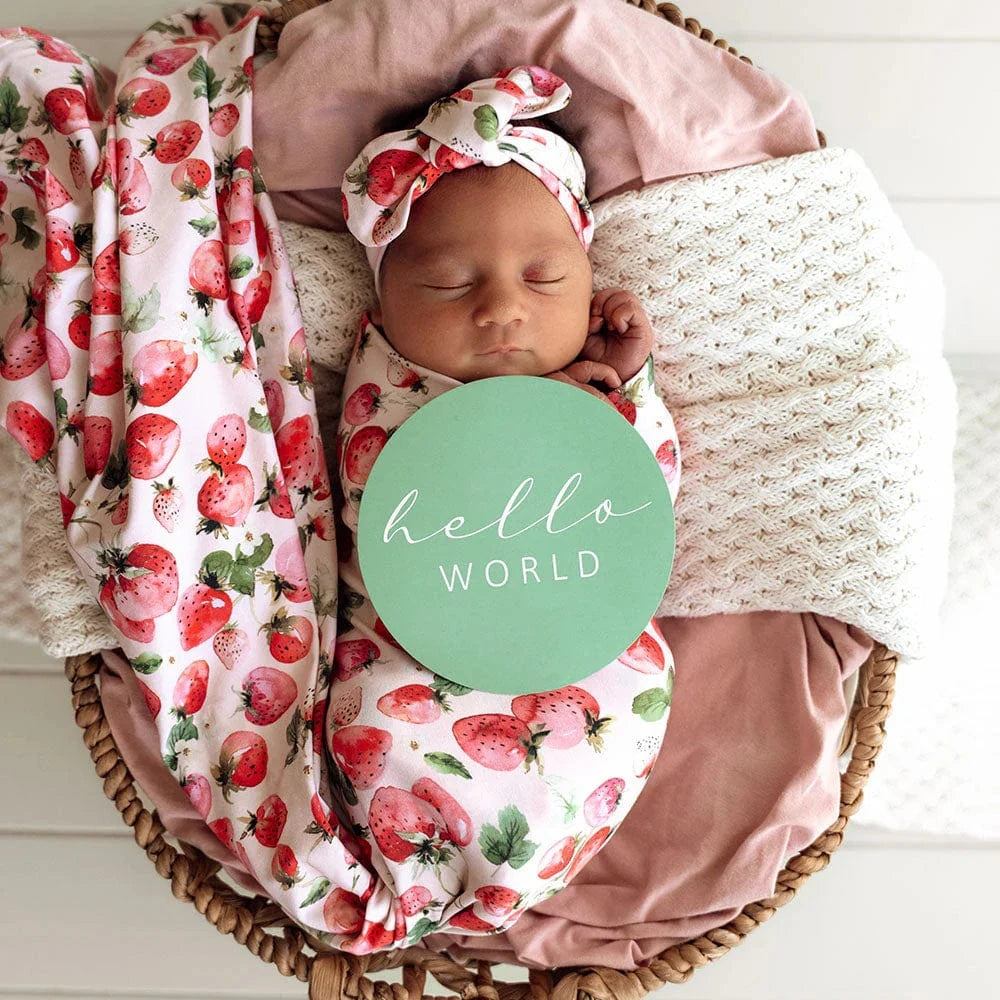 Snuggle Hunny Kids Linen Sheets Strawberry Organic Jersey Wrap & Topknot Set