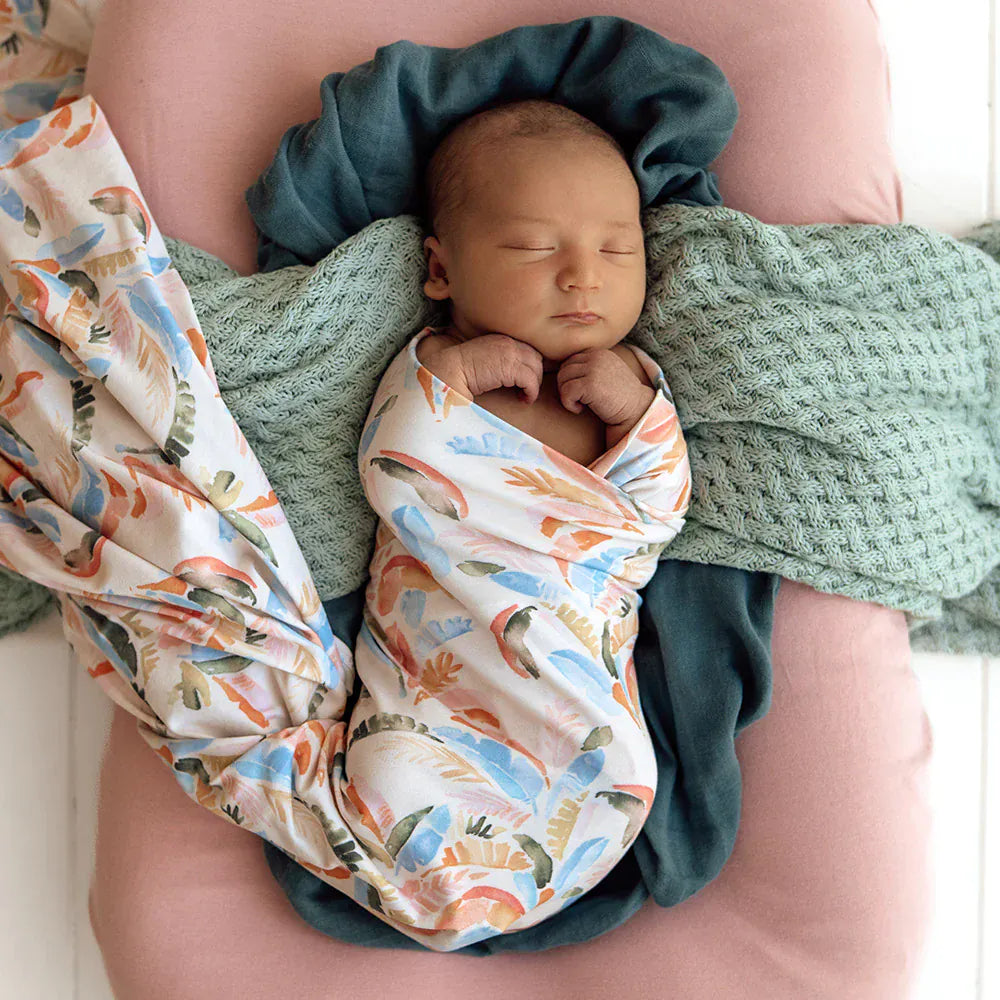 Snuggle Hunny Kids Linen Sheets Summer Palm Organic Jersey Wrap & Topknot Set