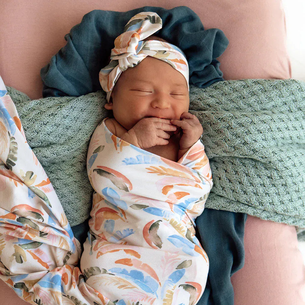 Snuggle Hunny Kids Linen Sheets Summer Palm Organic Jersey Wrap & Topknot Set