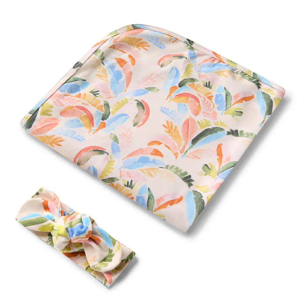 Snuggle Hunny Kids Linen Sheets Summer Palm Organic Jersey Wrap & Topknot Set