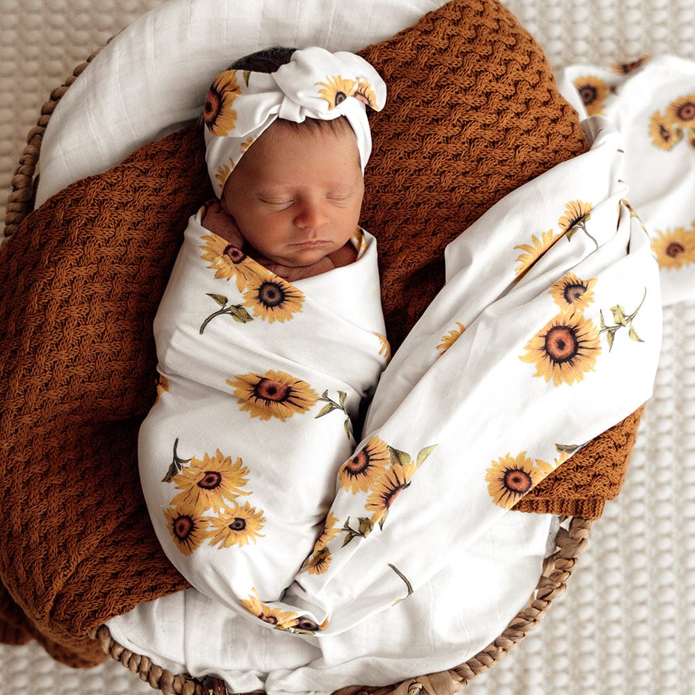 Snuggle Hunny Kids Linen Sheets Sunflower Organic Jersey Wrap & Topknot Set