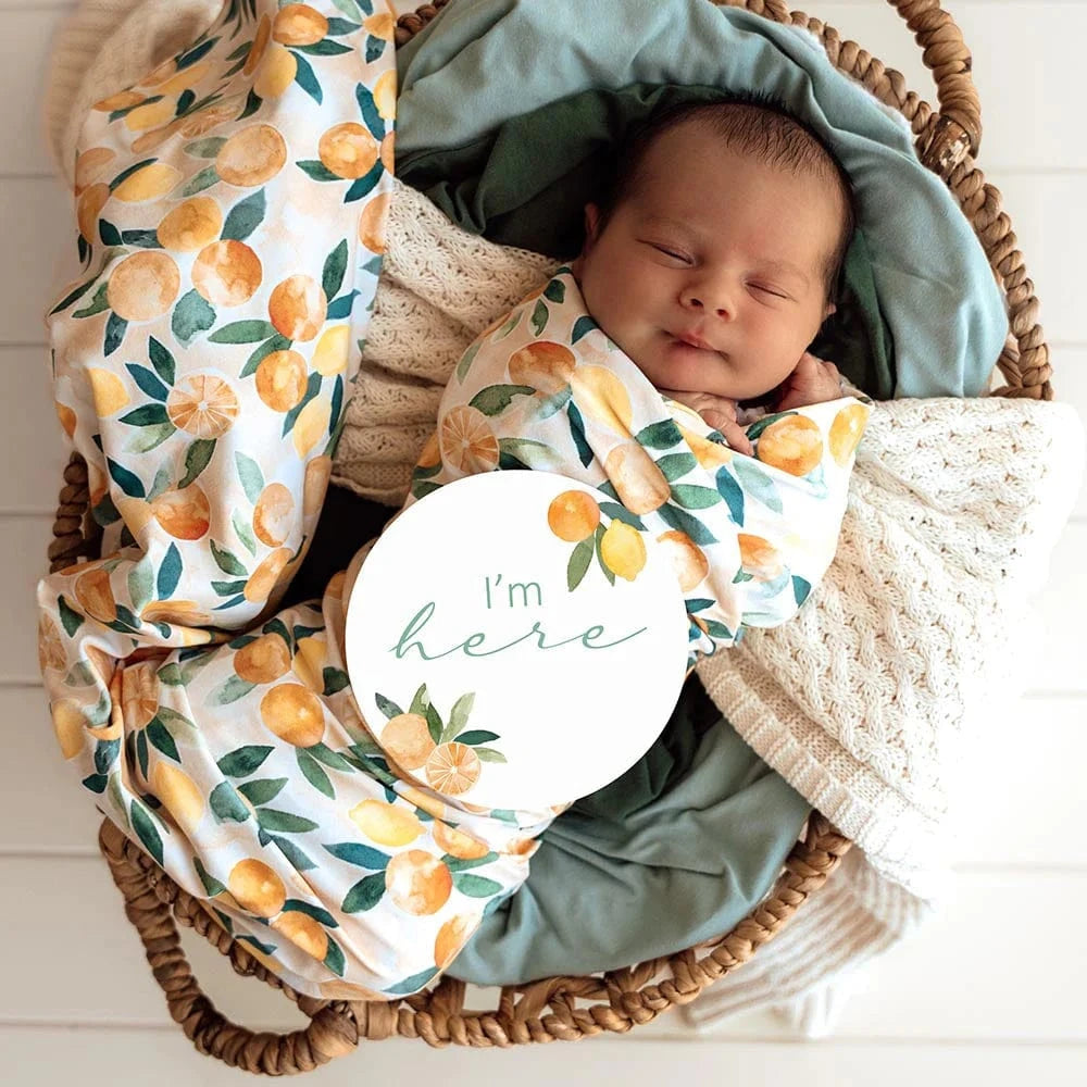 Snuggle Hunny Kids Linen Sheets Sunny Citrus Organic Jersey Wrap & Beanie Set