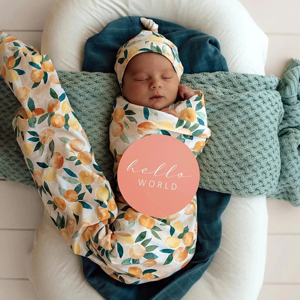 Snuggle Hunny Kids Linen Sheets Sunny Citrus Organic Jersey Wrap & Beanie Set