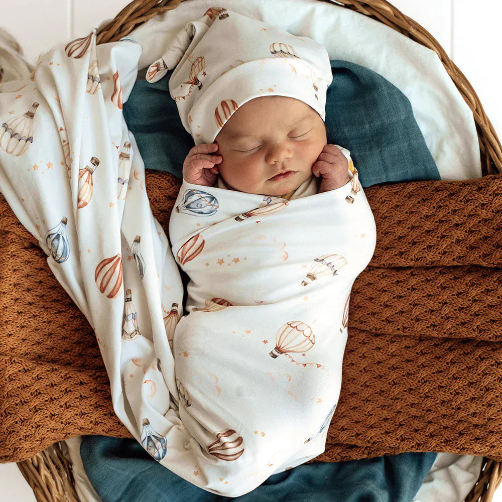 Snuggle Hunny Kids Linen Sheets Up & Away Organic Jersey Wrap & Beanie Set