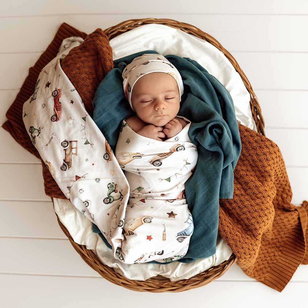 Snuggle Hunny Kids Linen Sheets Vintage Cars Organic Jersey Wrap & Beanie Set