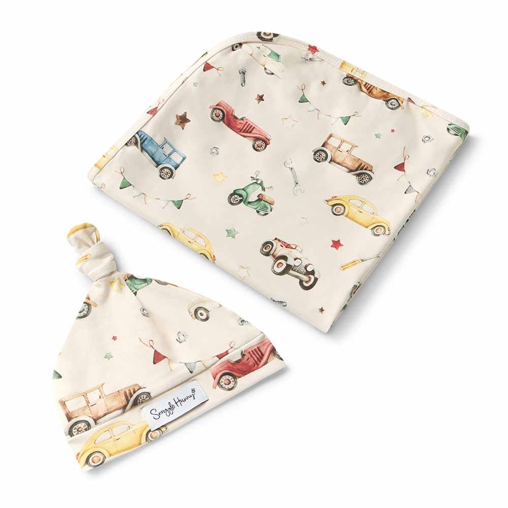 Snuggle Hunny Kids Linen Sheets Vintage Cars Organic Jersey Wrap & Beanie Set
