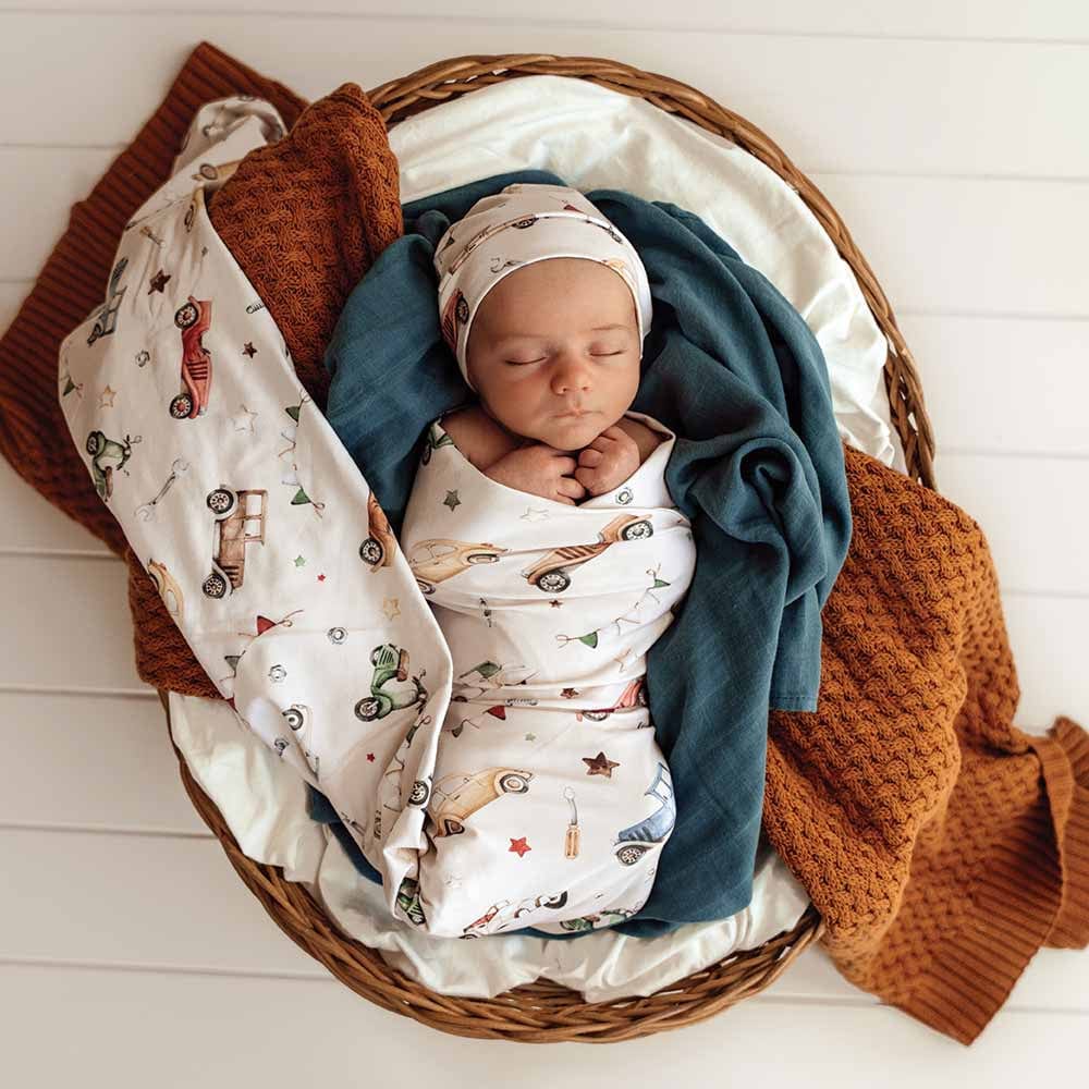 Snuggle Hunny Kids Linen Sheets Vintage Cars Organic Jersey Wrap & Beanie Set