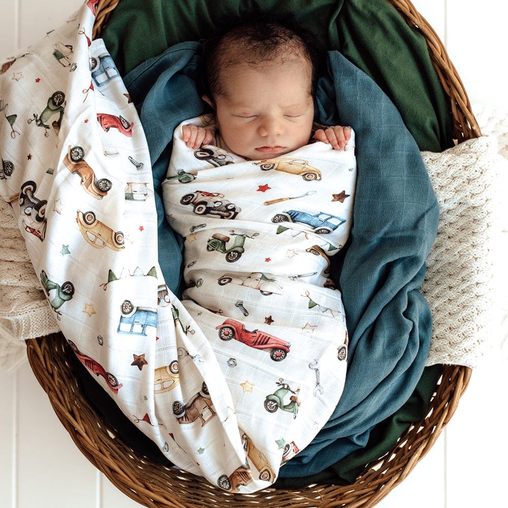 Snuggle Hunny Kids Linen Sheets Vintage Cars Organic Muslin Wrap