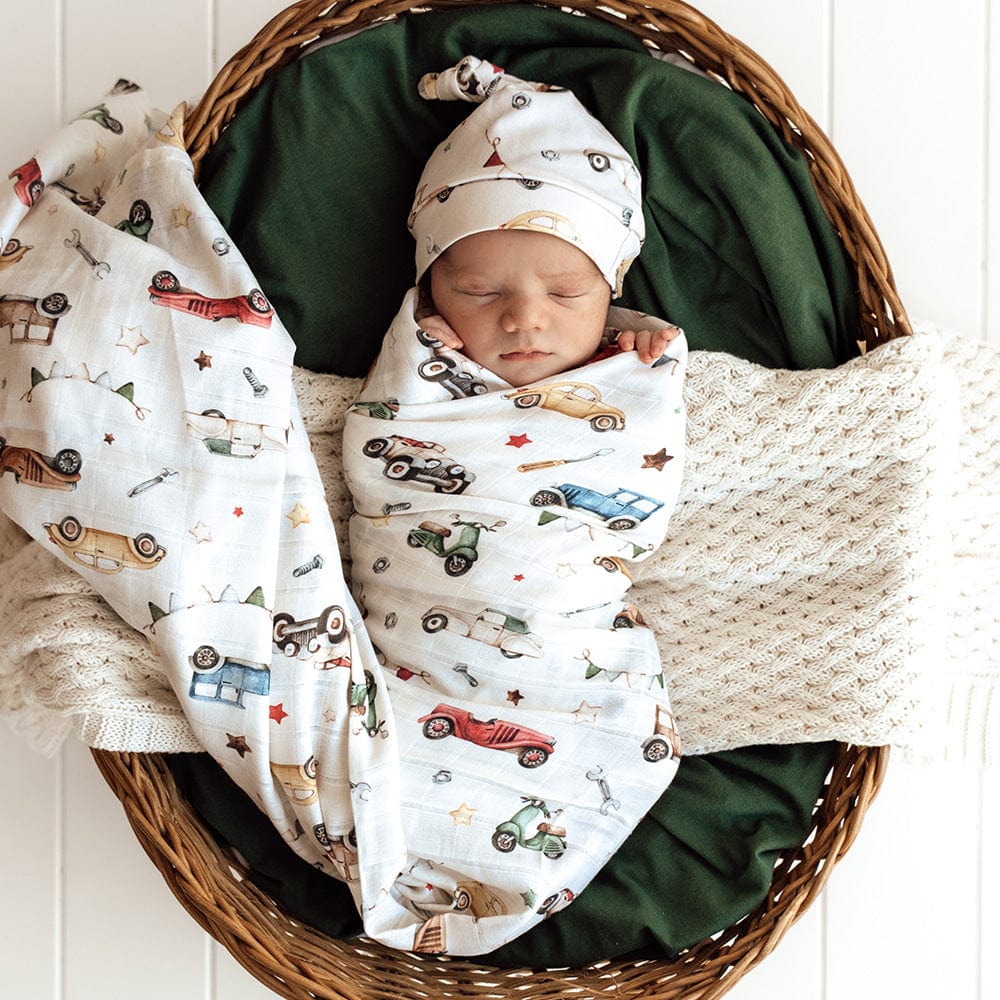 Snuggle Hunny Kids Linen Sheets Vintage Cars Organic Muslin Wrap