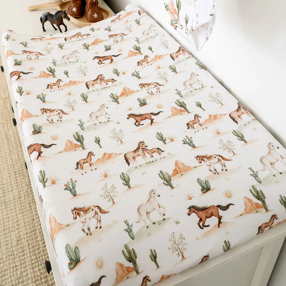 Snuggle Hunny Kids Linen Sheets Wild Horses Organic Bassinet Sheet / Change Pad Cover