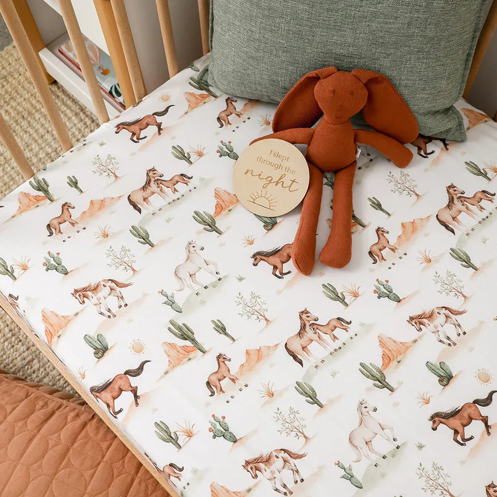 Snuggle Hunny Kids Linen Sheets Wild Horses Organic Fitted Cot Sheet