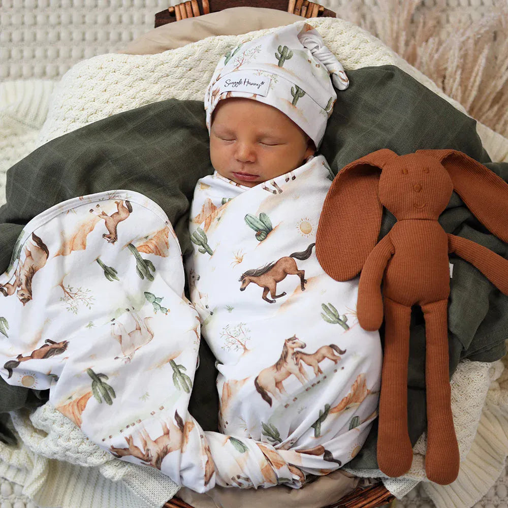 Snuggle Hunny Kids Linen Sheets Wild Horses Organic Jersey Wrap & Beanie Set