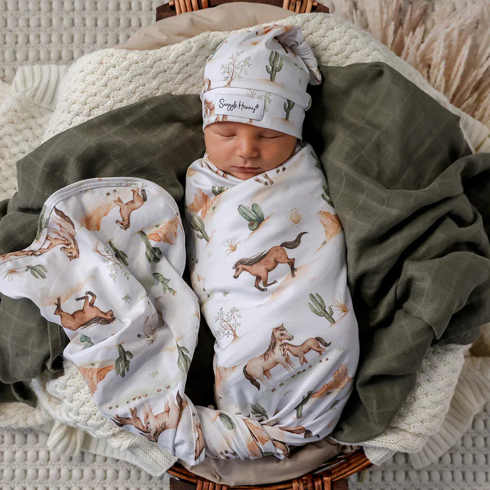 Snuggle Hunny Kids Linen Sheets Wild Horses Organic Jersey Wrap & Beanie Set