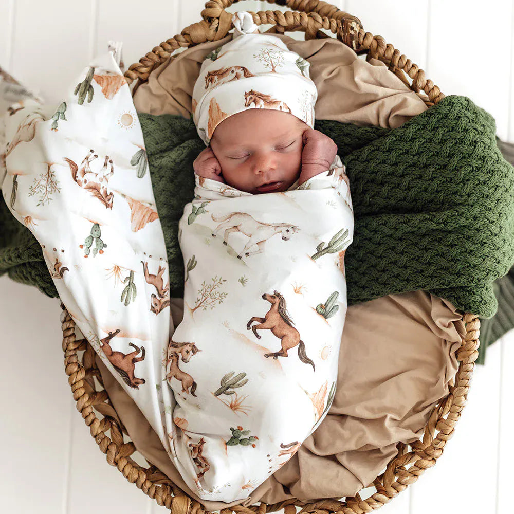 Snuggle Hunny Kids Linen Sheets Wild Horses Organic Jersey Wrap & Beanie Set