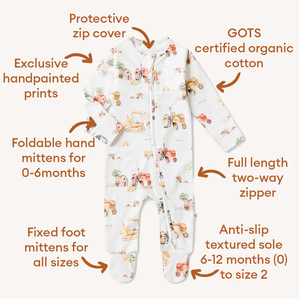 Snuggle Hunny Kids Unisex Onesie Diggers & Tractors Organic Snuggle Sleepsuit Zip Footie