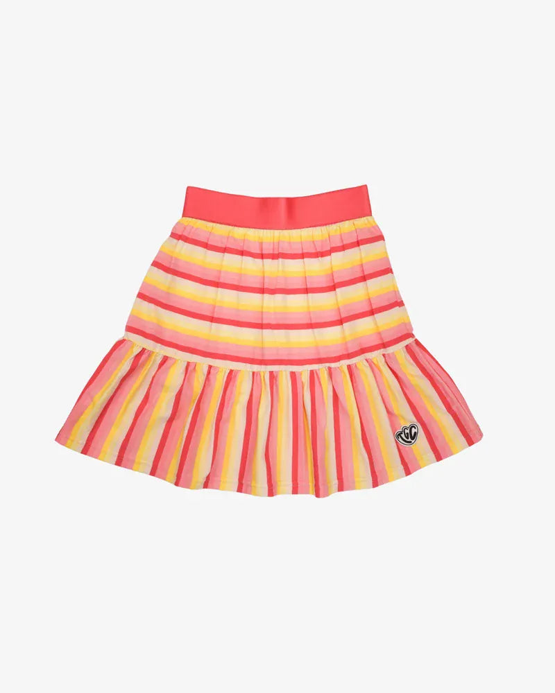 Girls coral striped skort from The Girl Club featuring a comfortable elastic waistband and playful design.