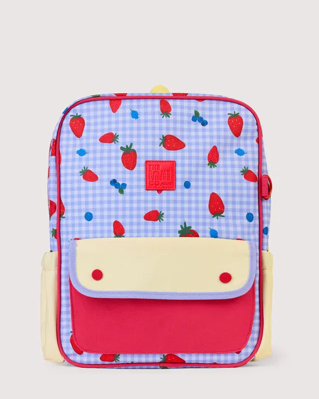The Somewhere Co. Adventure Backpack in Berry Patch, a stylish bag with multiple compartments and adjustable straps.