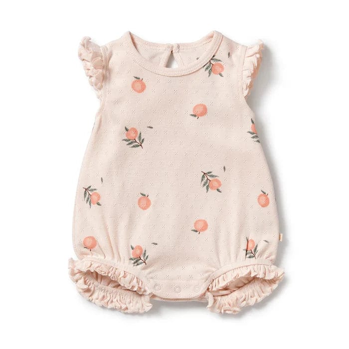 Wilson & Frenchy Girls All In One Peaches Organic Pointelle Ruffle Growsuit