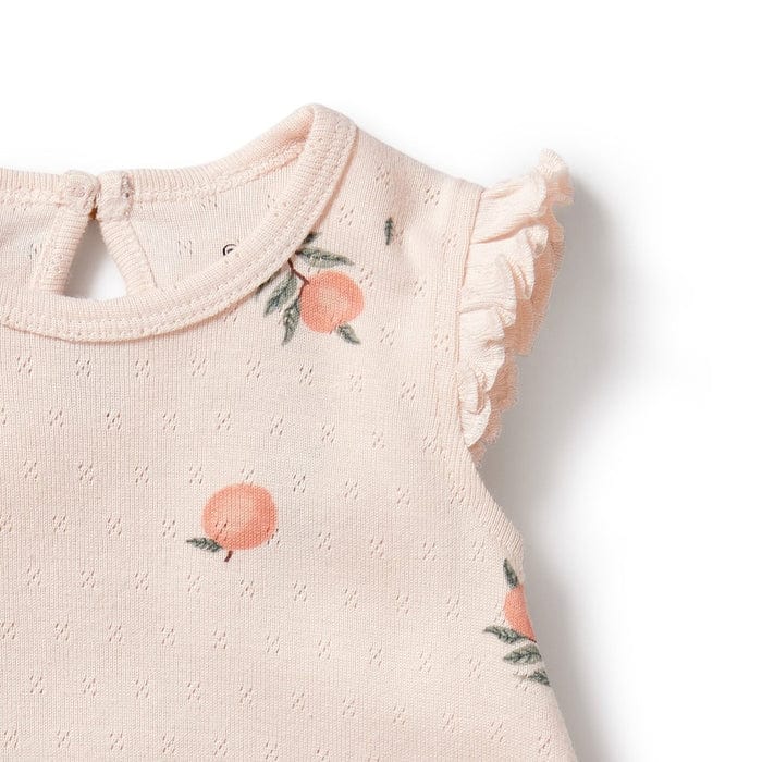 Wilson & Frenchy Girls All In One Peaches Organic Pointelle Ruffle Growsuit