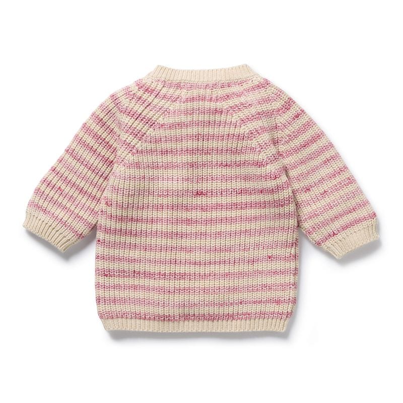 Wilson & Frenchy Girls Jumper Rhubarb and Cream Organic Knitted Stripe Kimono Cardigan
